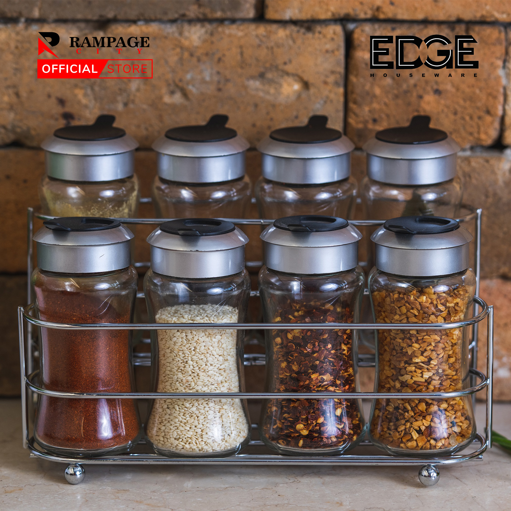 Edge Stainless Steel Racks Spice Rack Organizer with 7 pcs Glass Jars, –  Rampage City