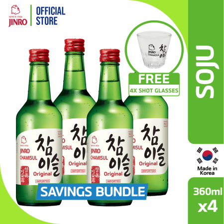 Jinro Chamisul Original Soju 360ml pack of 4 Free 4 Shot Glasses