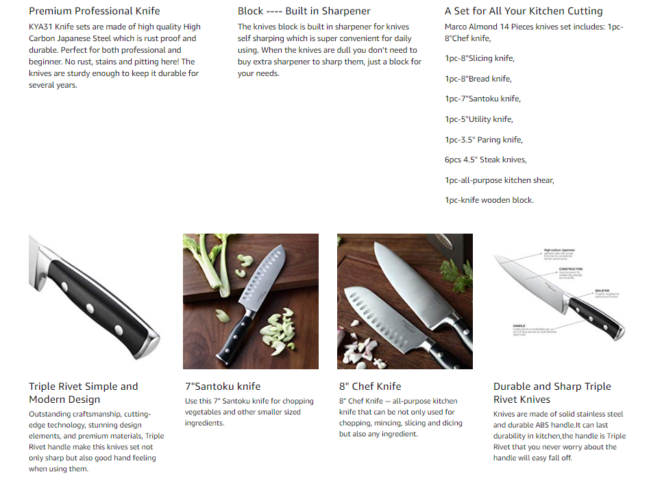 Marco Almond KYA28 Knife Set, 14-Piece, Japanese Steel/Sharpener