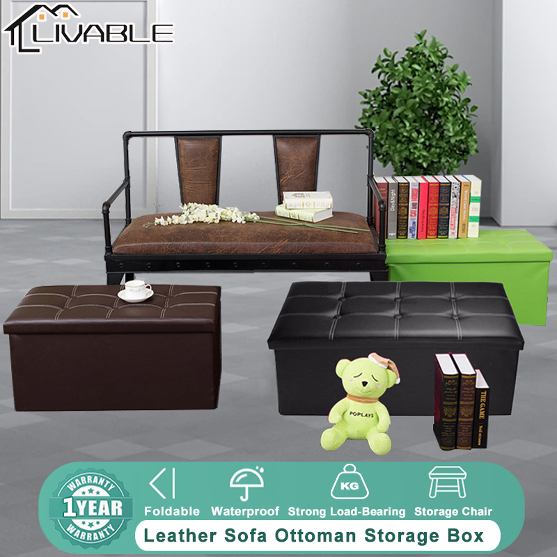 LIVABLE Ottoman Storage Stool Waterproof Leather Sofa Storage Box Large Sofa Chair Bench Seat Folding Storage Foot Stool