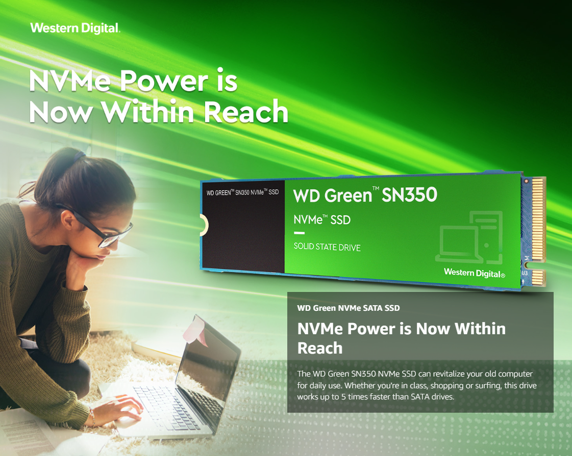 Western Digital 480GB WD Green SN350 NVMe Internal SSD Solid State Drive - Gen3 PCIe, M.2 2280, Up to 2,400 MB/s - WDS480G2G0C