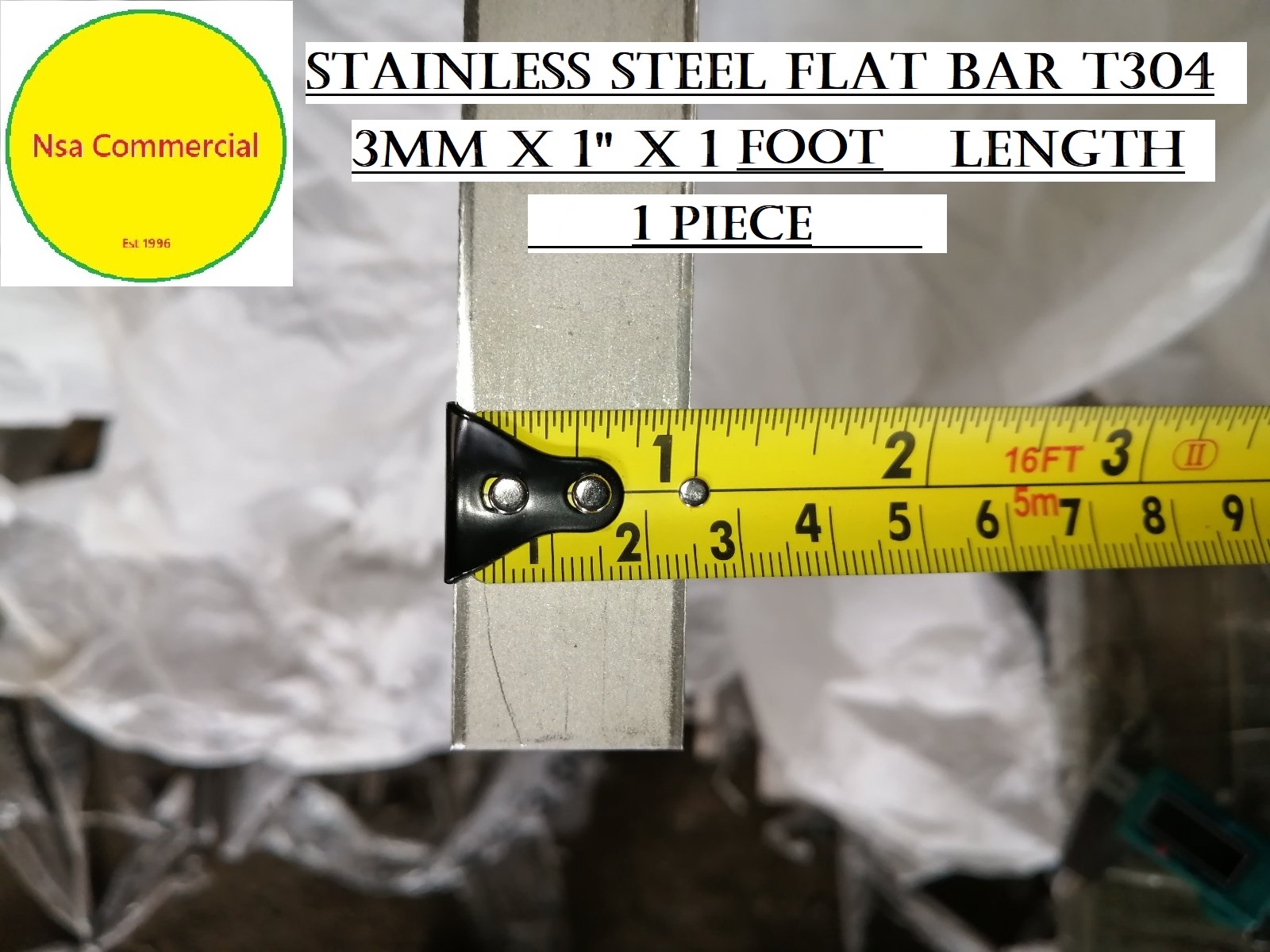 T304 Stainless Steel Flat Bar, 3mm x 1" x 1'