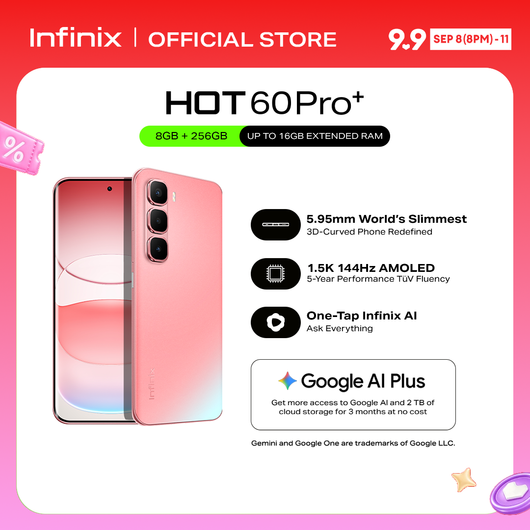 Infinix HOT 60 Pro+, (up to 16GB [8GB + 256GB] / 5.95mm World's Slimmest 3D-Curved Phone Redefined / 144Hz AMOLED / Corning Gorilla Glass / One-Tap Infinix AI Ask Everything / 5160 mAh 45w Battery (1 year local warranty) Smart Phone