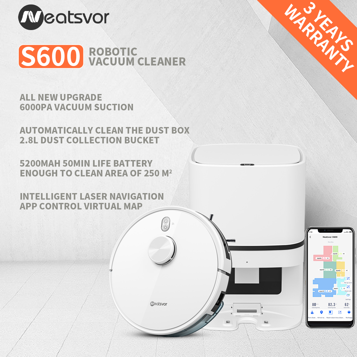 Neatsvor S600 Robot Vacuum Cleaner: Laser Navigation, Wet Washing