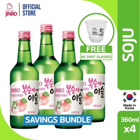 Jinro Peach Soju 360ml Pack of 4 Free 4 Shot Glasses