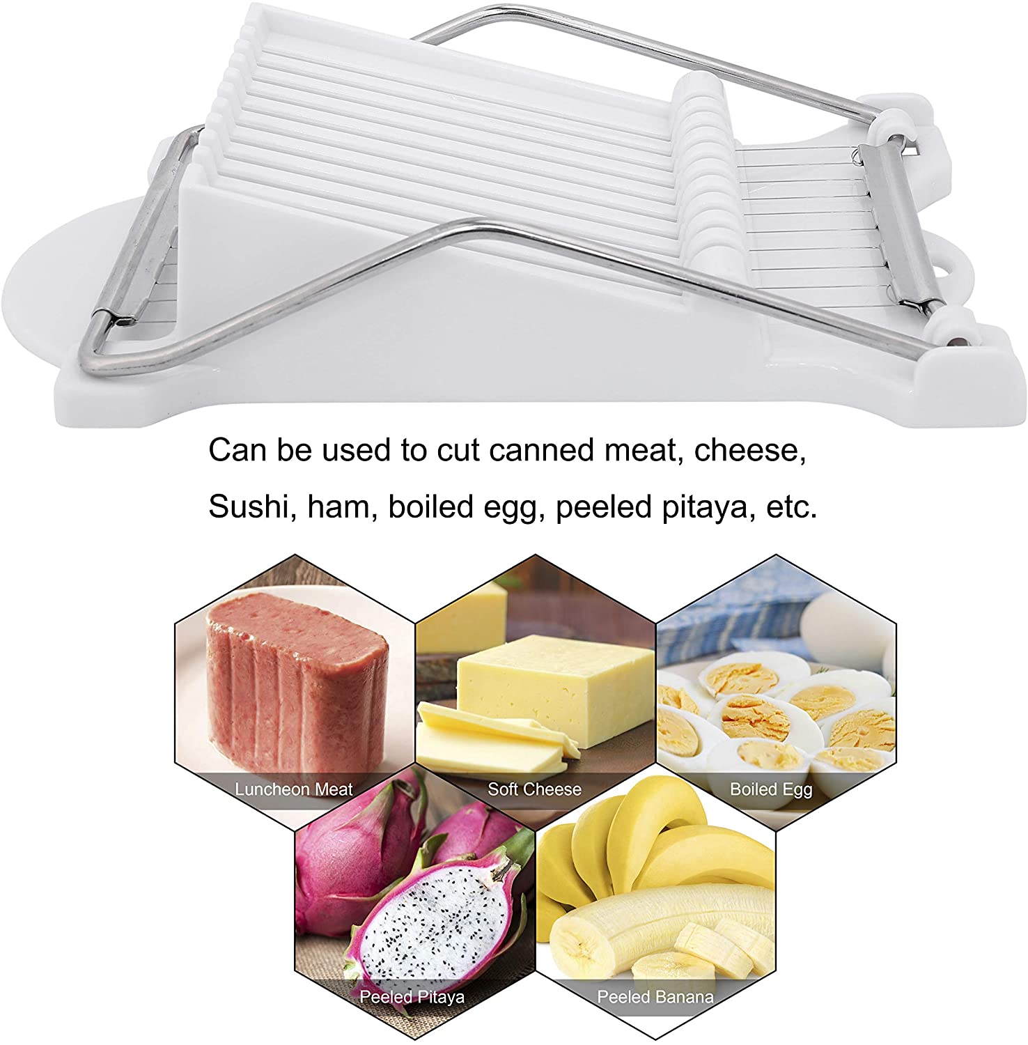 BEMINH Luncheon Meat Slicer 1 Piece, BEMINH Egg Fruit Slicer Soft Food  Cheese Sushi Cutter Canned Meat Cutting Machine with 10 Wires Stainless  Steel Kitchen Splitter Meat Slicer (White) - Yahoo Shopping