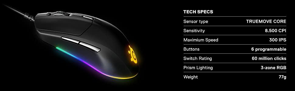 SteelSeries Rival 3 Gaming Mouse - 8,500 CPI TrueMove Core Optical Sensor - 6 Programmable Buttons - Split Trigger Buttons - Brilliant Prism RGB Lighting (62513)