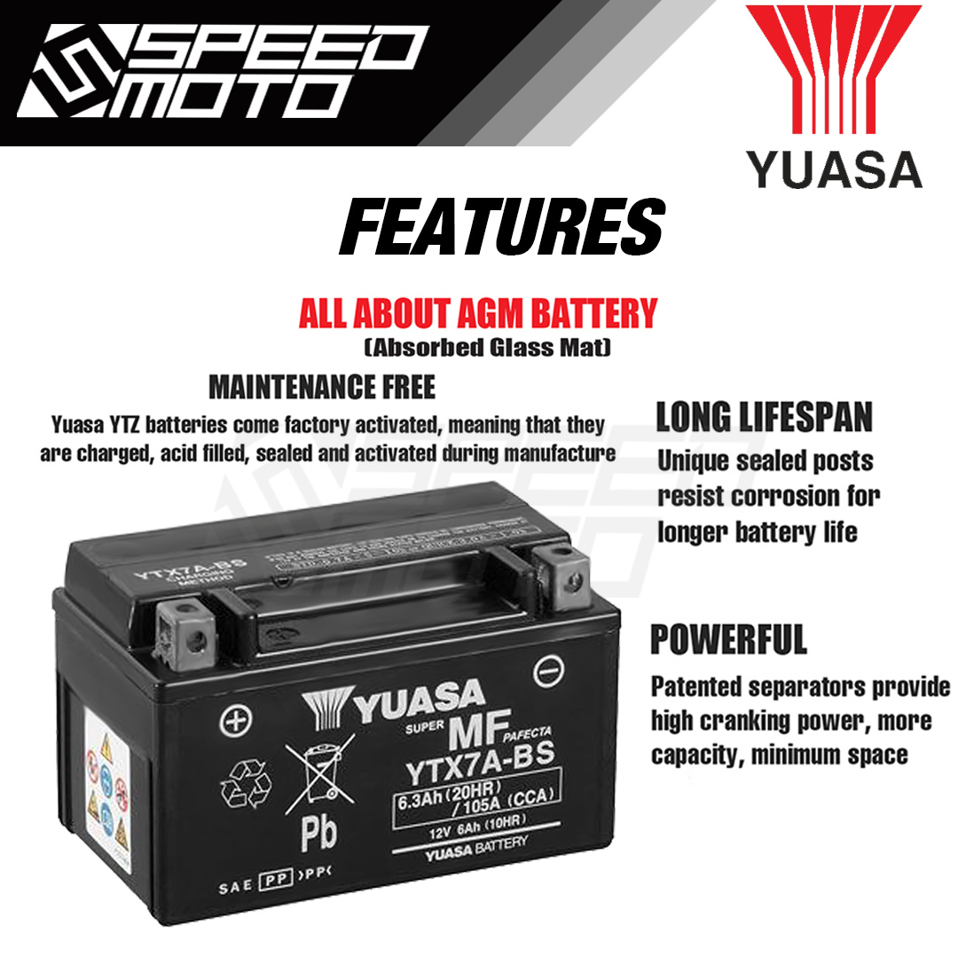 YUASA YTX7A-BS/YTX7A AGM 12V 6Ah 105A Motorcycle Battery