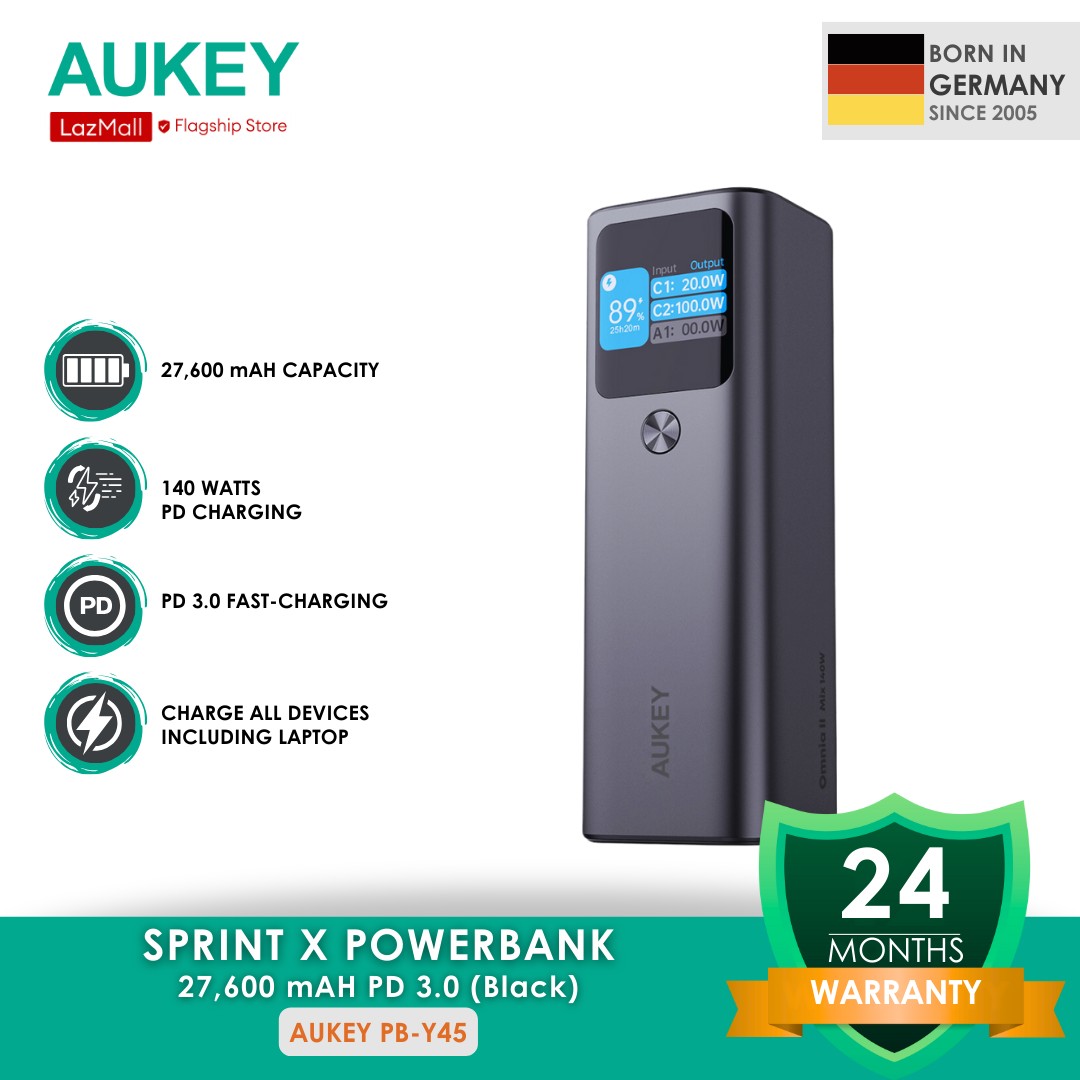 AUKEY PB-Y45 Sprint X 27600mAh 140Watts Portable Powerbank with Smart Digital Display Compatible with MacBook Pro/Air, iPhone 15/14/13 Series, Samsung, Dell, and More