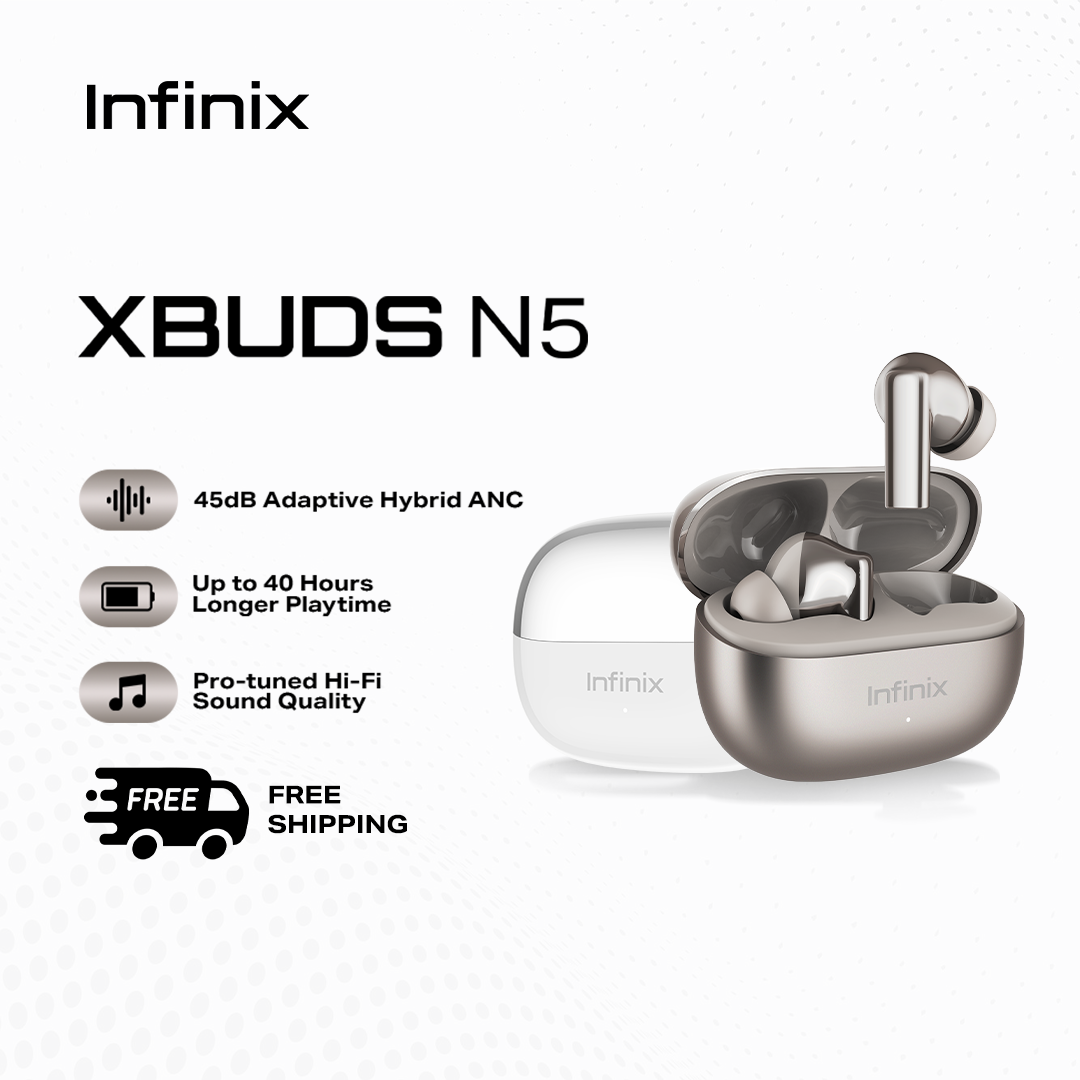 Infinix XBUDS N5 / Adaptive Hybrid ANC / Up to 40Hrs Longer Playtime / Pro-tuned Hi-Fi Sound Quality / Bluetooth 6.0 with Ultra Low-Latency / Crystal Clear Calls with 4-Mic AI-Powered