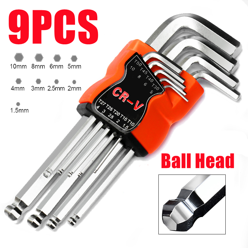 9 PCS Hex Key Wrench Set Hex Key Allen Wrench Set Allen Key L Handle Ball Head Long Arm CR-V Hex Key Allen Wrench Spanner Wrenches Set Repair Hand Tools Kit Muliti-purpose Tool For Car Automobile Motorcycle Bicycle Multifunctional Set Repair Device - Image 2
