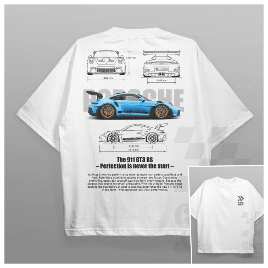 Porsche 911 GT3 RS Gray Blueprint T-Shirt White Cars and Clo