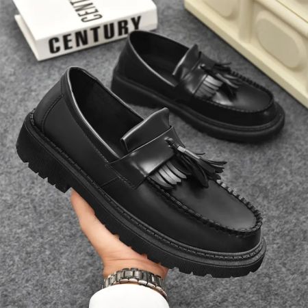ALVIN Men's Black Leather Loafers, Casual Fashion Shoes