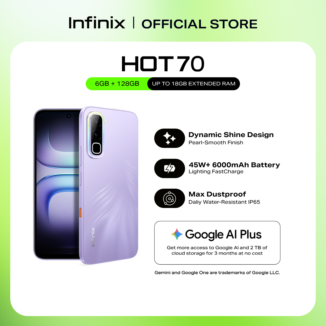 「NEW Arrival」- Infinix HOT 70, (up to 18GB [6GB + 128GB] Dynamic Shine Design with Baby-Smooth Finish / 45W+ 6000 mAh Battery + Lighting Fast Charge / Dust, Water & Drop Proof IP65 SG5G Certified (1 year local warranty) Smart Phone