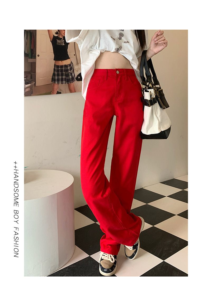 Red High Waist Jeans for Women New Style Korean Straight Leg Pants