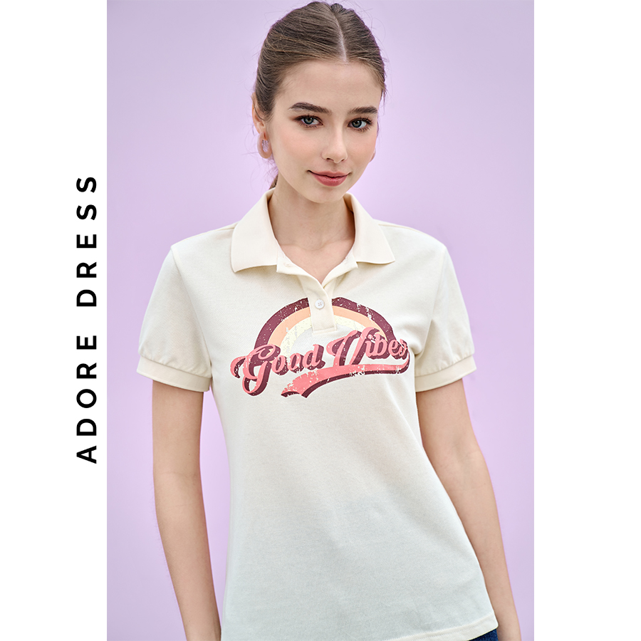 Polo T-shirts polo cotton beige in sologan ngực 313TS1001 ADOREDRESS