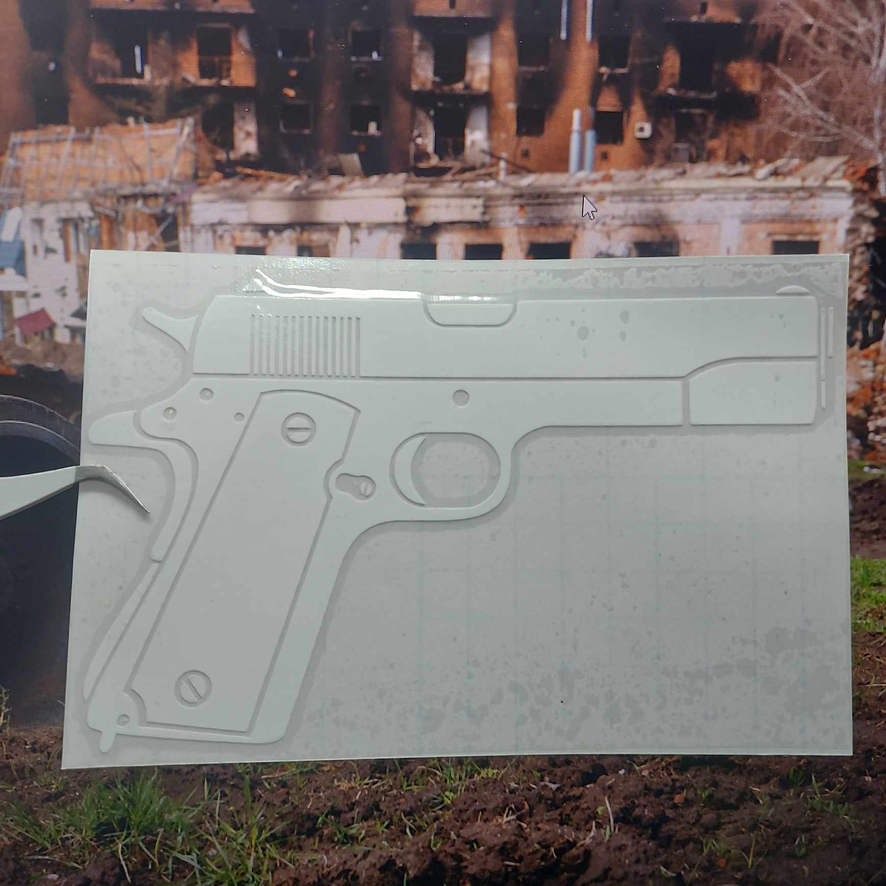 Military 1911 Pistol Vinyl Decal - 5.5x3.75 Inch Orange Die Cut Sticker For Windows & Laptops