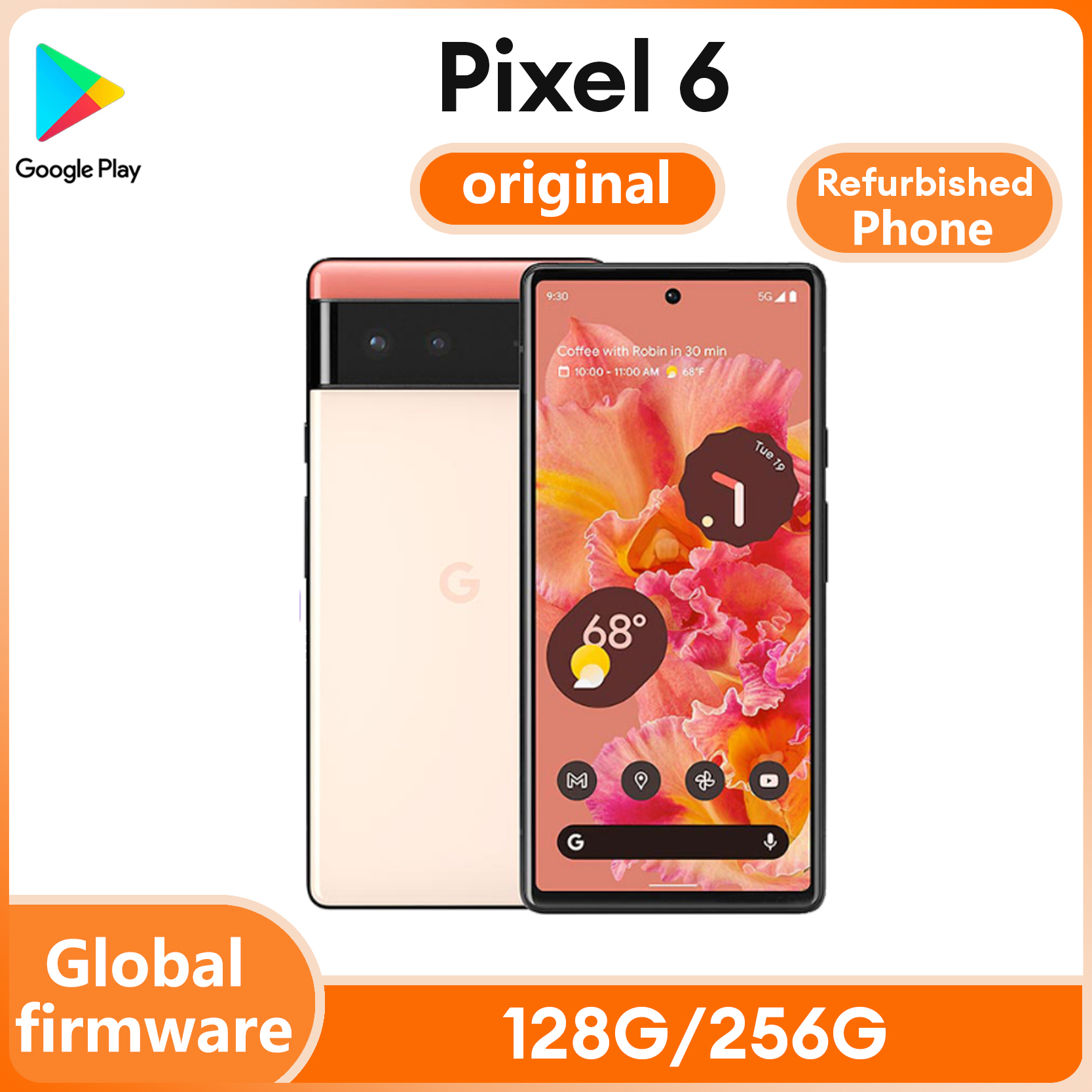 Refurbished Phone Google Pixel 6 5G 6.4" 8GB RAM 128GB 256GB ROM used 98% new Google Tensor Octa Core Unlocked Original Cell Mobile Phone Android pixel 6 used phone
