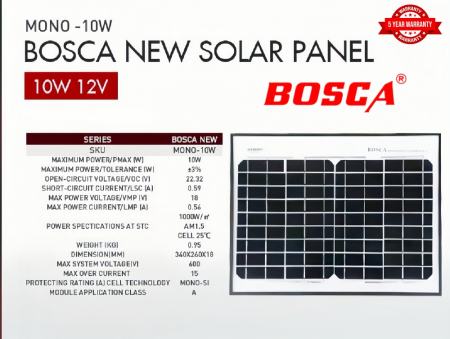 BOSCA 10W Solar Panel - 5 Year Warranty