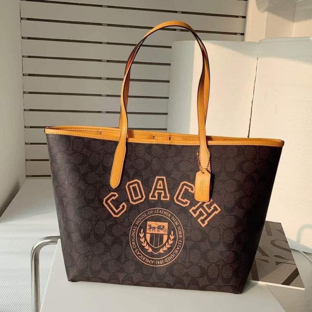 NWT COACH City Tote In Signature Canvas With Varsity Motif CB869  Im/Brown/Chalk