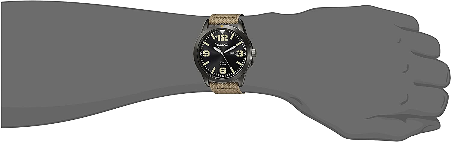 Đồng hồ Seiko cổ sẵn sàng (SEIKO SNE331 Watch) Seiko SNE331 Sport Solar  Black Stainless Steel Watch with Beige Nylon Band [Hộp & Sách hướng dẫn của  Nhà sản xuất + Người