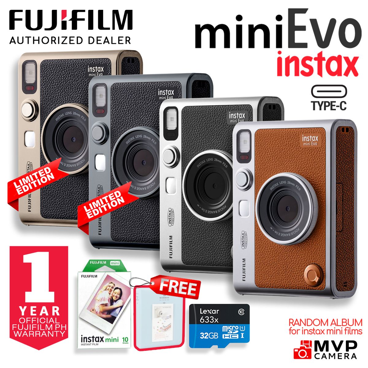 FUJIFILM Fuji Instax Mini EVO Hybrid Instant Black Brown Vintage