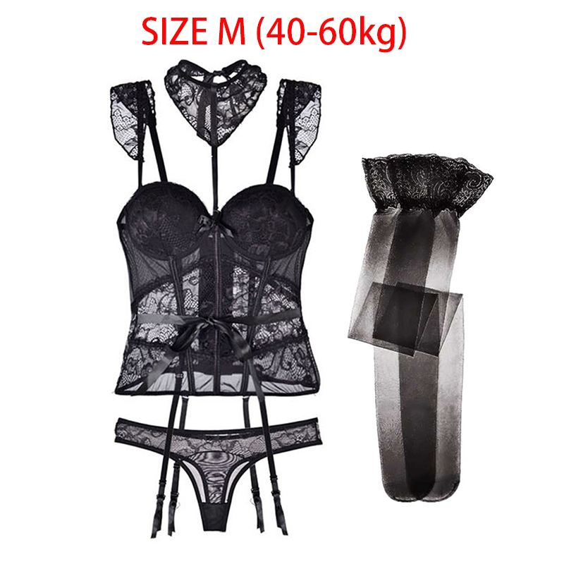 Women Lace Sexy Lingerie With Suspenders Legging Mesh Sexy gathering waistcoat steel chest pad set - Image 4