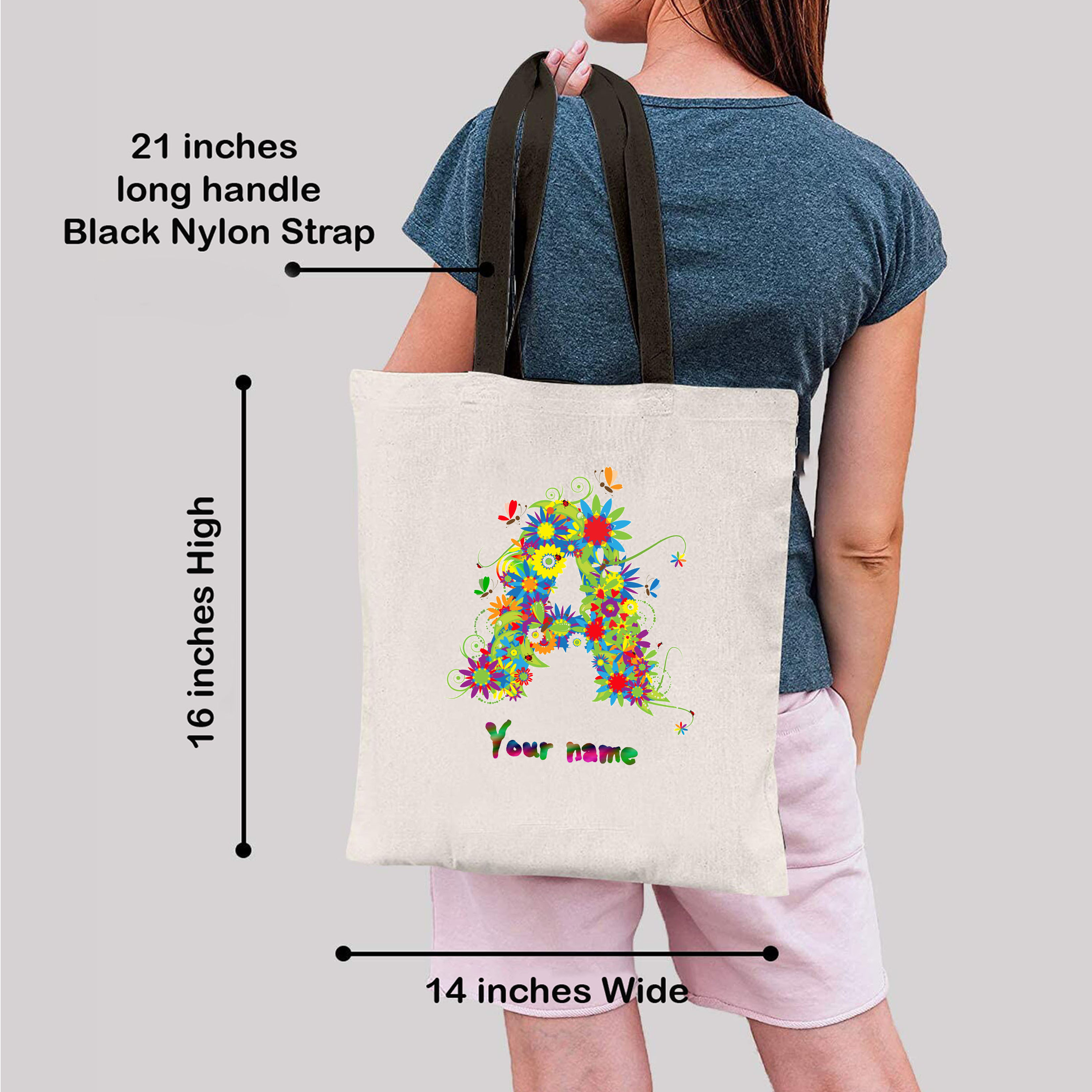Black Loop Handle Personalized Canvas Tote Bag, Size/Dimension: 12 X 10 X 5  Inch