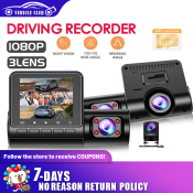 Waterproof 3-Channel Car Dash Cam with Night Vision & Mirror