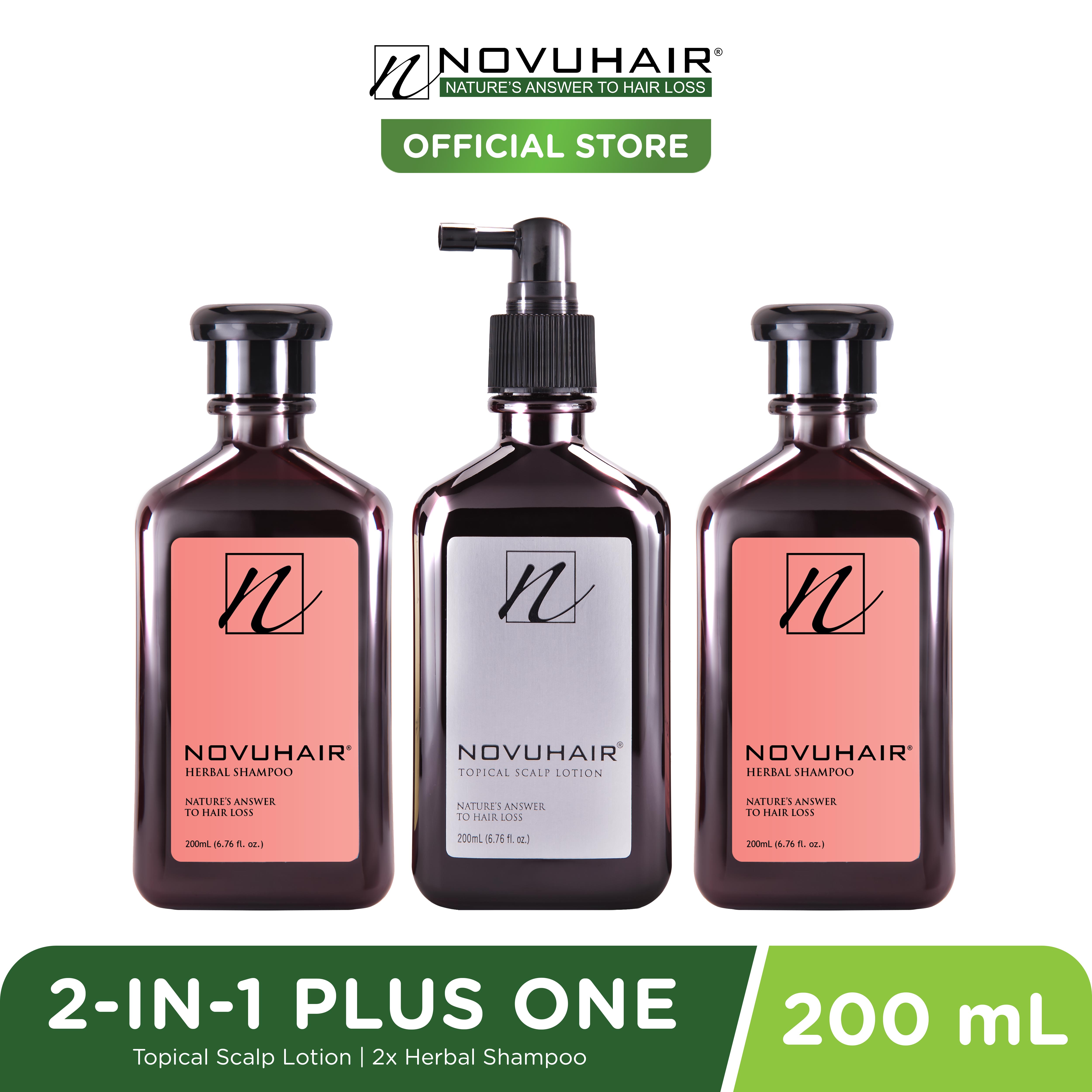 Novuhair 2-N-1 PLUS 1 Pack Anti-Hair Loss Hair Grower Treatment for Men and Women (Topical Scalp Lotion, 2 Herbal Shampoos) - 200ml LO00258