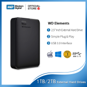 WD Elements Portable External Hard Drive, 1TB/2TB, USB 3.0