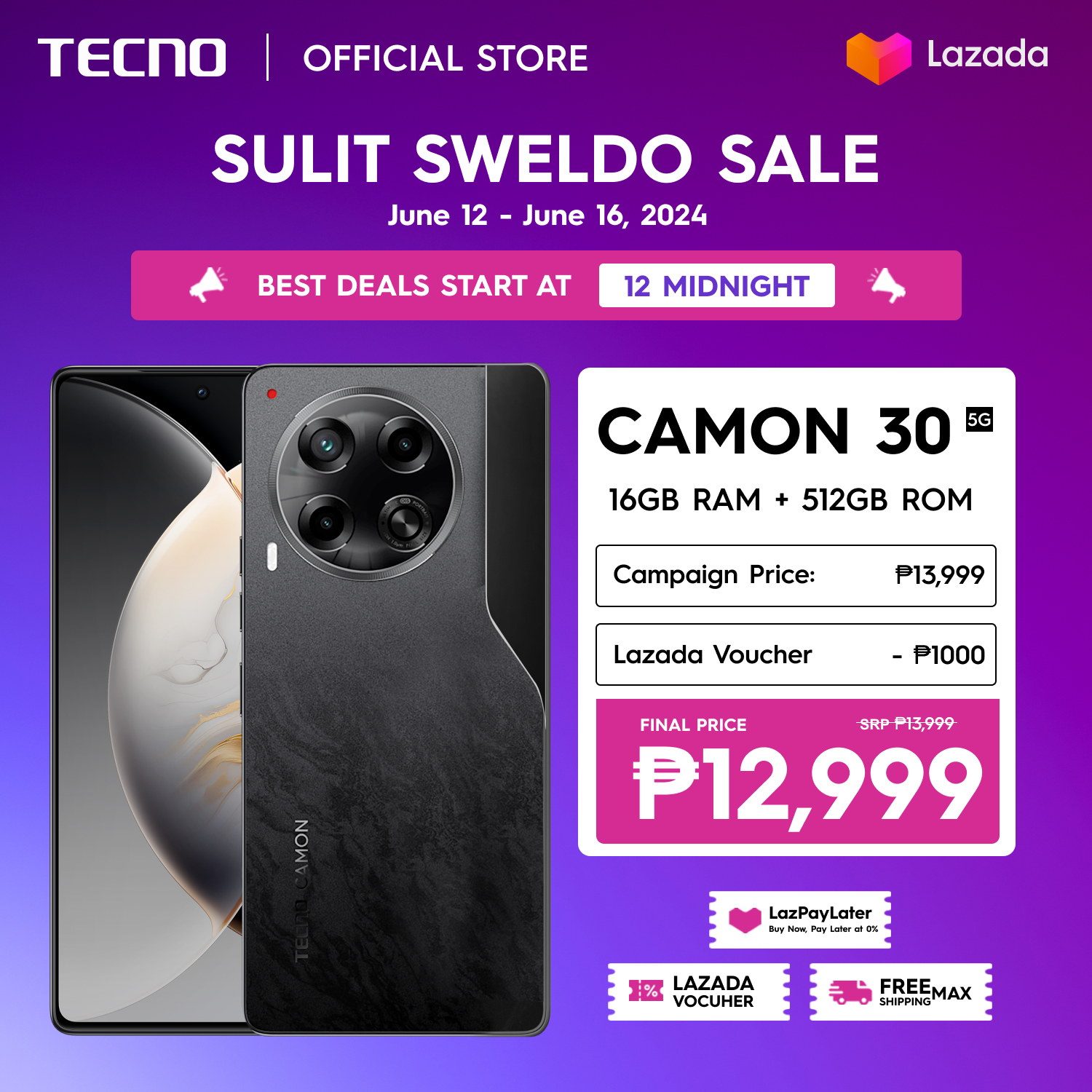 [ NEW ] CAMON 30 5G ( 8GB RAM + 256GB ROM ) ( 8GB RAM + 512GB ROM ) 5000mAh - 12 + 1 Warranty - LazPay Later