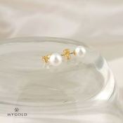 MyGold 14K Italian Gold Pearl Stud Earrings for Women