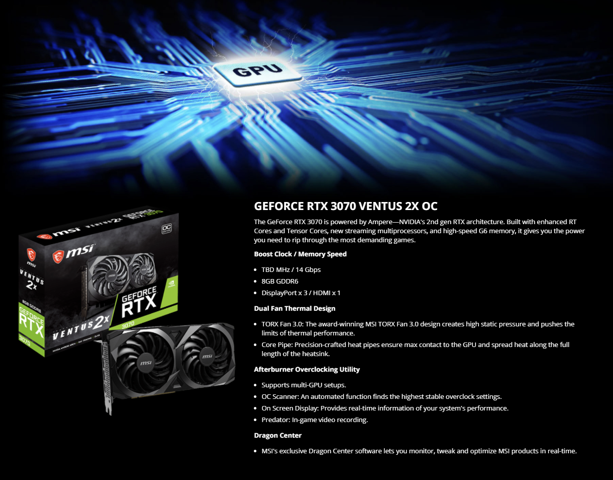 MSI GeForce RTX 3070 DirectX 12 RTX 3070 VENTUS 2X OC 8GB 256-Bit GDDR6 PCI Express 4.0 HDCP Ready Video Card