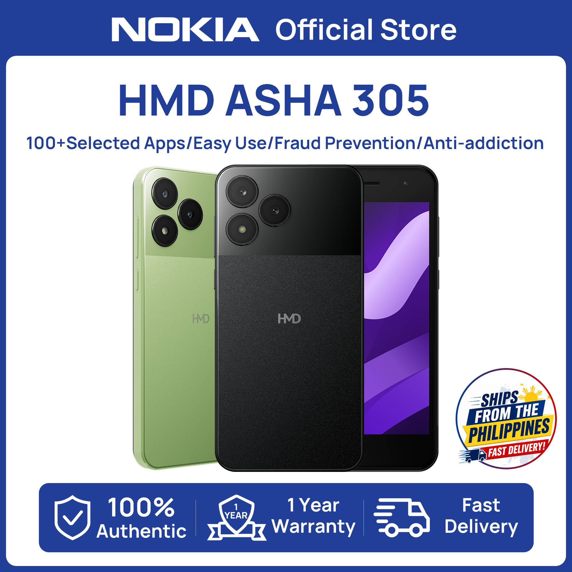 【New】HMD Asha 305 Lite Smartphone/ AOSP Android OS Easy-Use /Fraud-Prevention/ Anti-addiction makers of Nokia