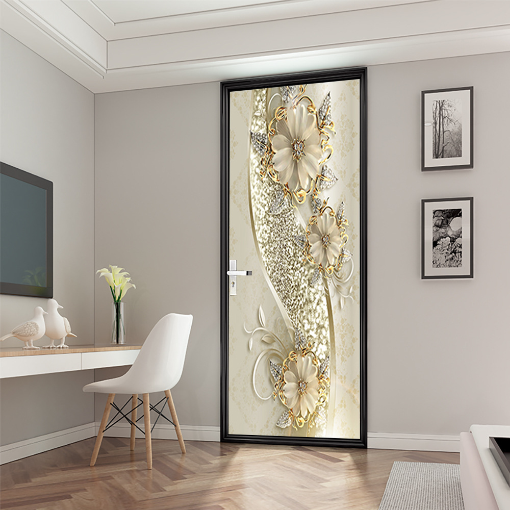 PVC Wallpaper 3D Golden Flower Door Stickers For Kitchen Bedroom Decorating  Sliding Glass Door Poster Home Design DIY Wall Decal | Lazada PH