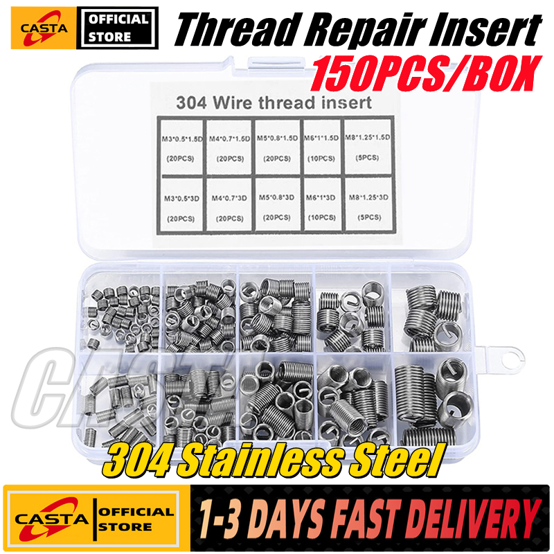 150PCS/BOX M3 M4 M5 M6 M8 Hand Wire Thread Inserts Steel Sheath Helicoil Type Screw Repair Sleeves Assortment Tool Kit with Plastic Box
