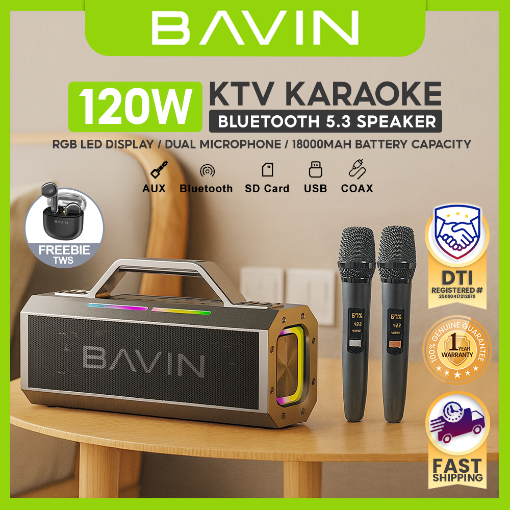 BAVIN BM26 Outdoor Bluetooth Speaker Splash-Proof & Durable w/ RGB Light Modes 2 Wireless Microphones