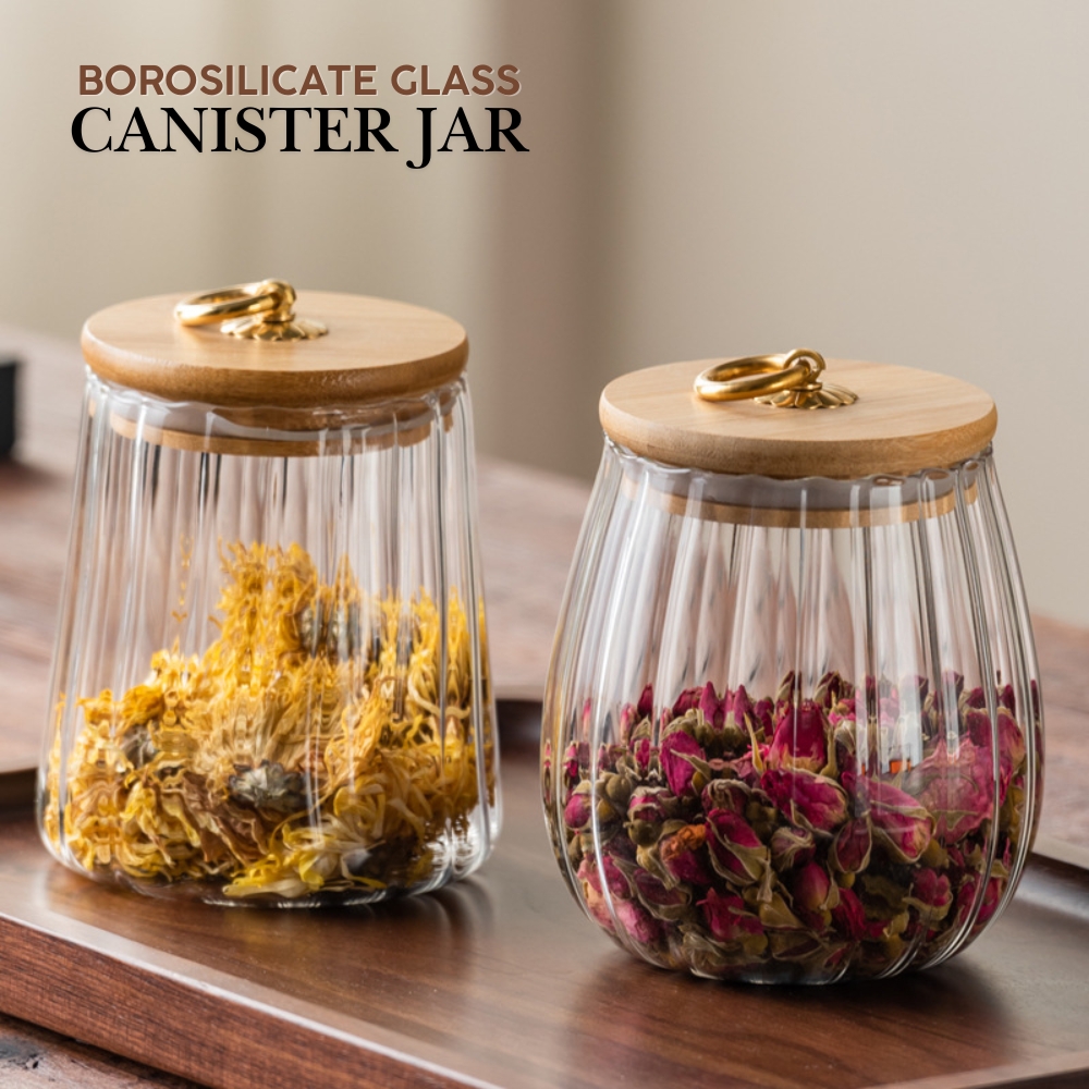 Product photo of LOCAUPIN ribbed glass jar with bamboo lid and ring handle from its Lazada listing
