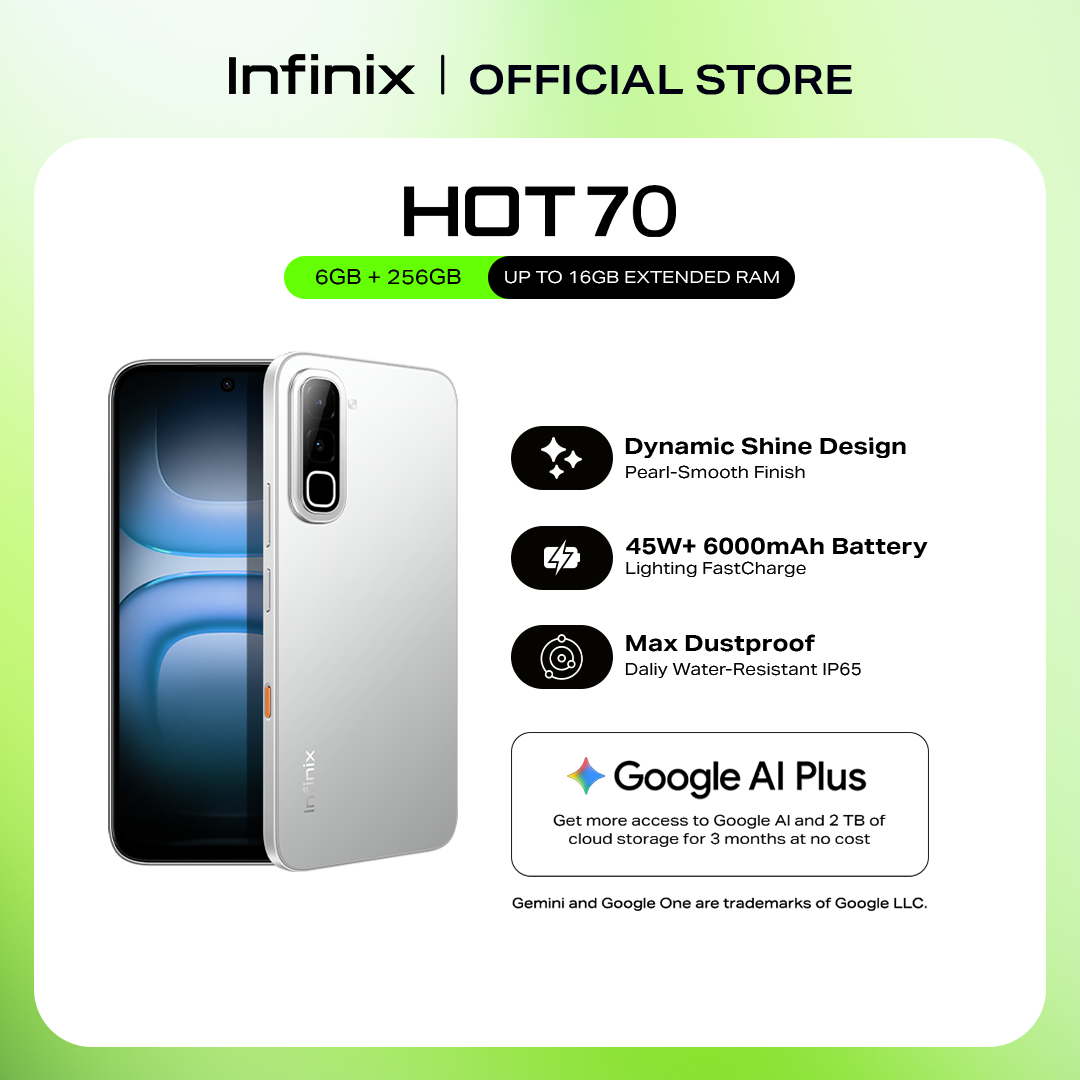 「NEW Arrival」- Infinix HOT 70, (up to 12GB [6GB + 256GB] Dynamic Shine Design with Baby-Smooth Finish / 45W+ 6000 mAh Battery + Lighting Fast Charge / Dust, Water & Drop Proof IP65 SG5G Certified (1 year local warranty) Smart Phone