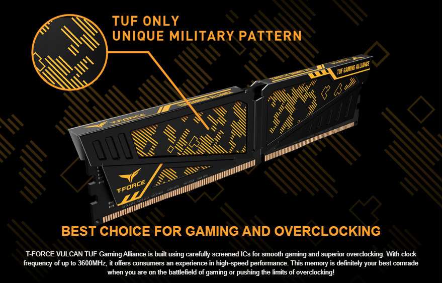 TEAMGROUP T-Force Vulcan TUF Gaming Alliance 16GB Kit 3200MHz CL 16 (2x8GB) DDR4 Dram (PC4-25600) Desktop Memory Module Ram 3200 - TLTYD416G3200HC16CDC01