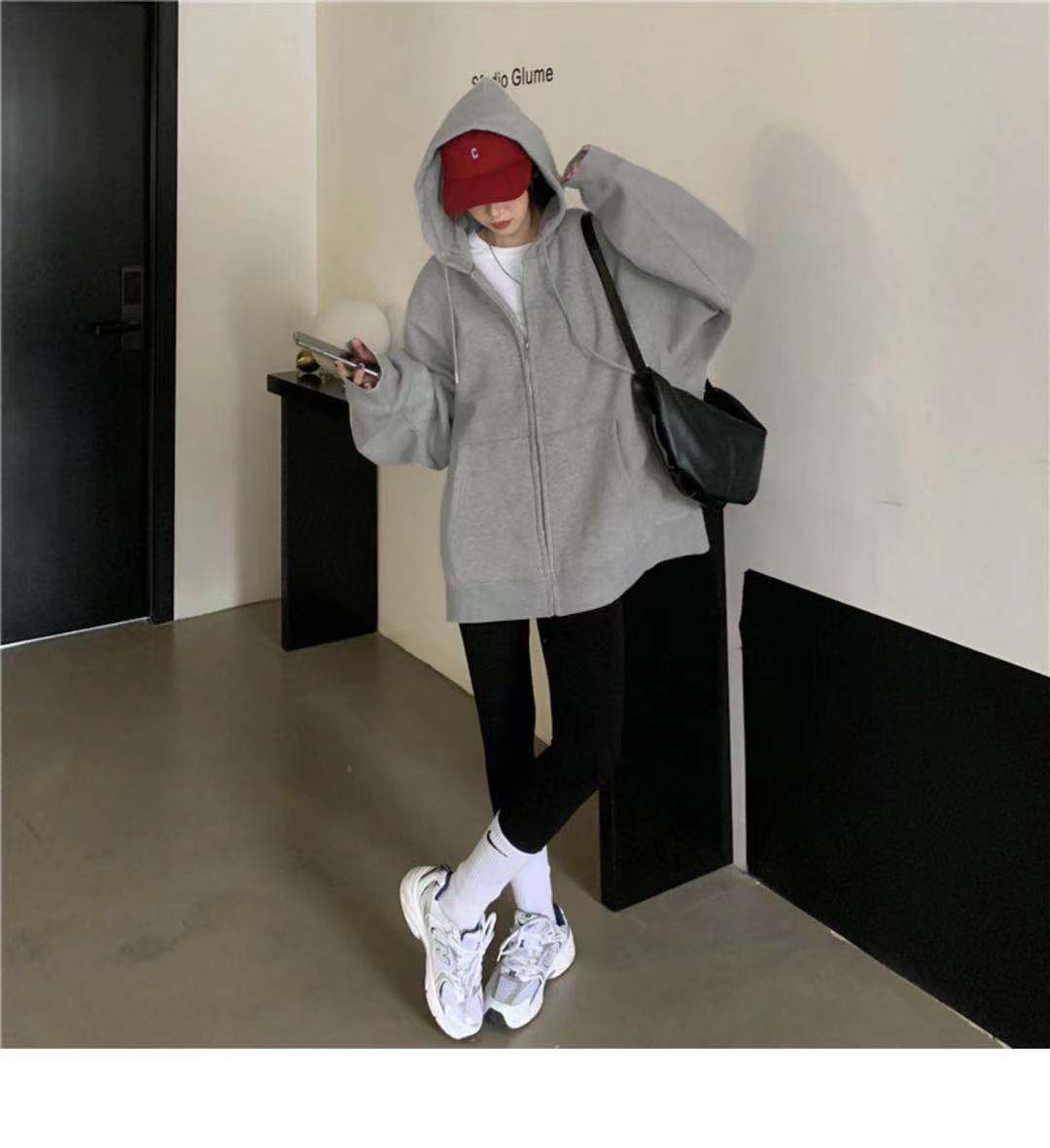 PWAE Hoodies Jacket for Women Korean Oversize Gray Hooded Sweater for Women Zipper Jacket Women's Ins Trend Tops for Women