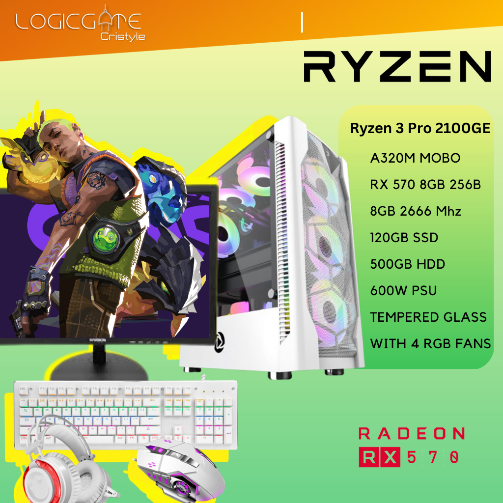 Gaming PC Set Ryzen Pro 2100GE RX 570 8GB 8GB 120GB SSD