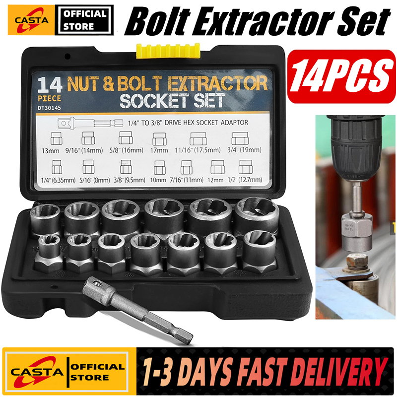 14 Pieces Impact Bolt & Nut Remover Set Cr-Mo Steel Bolt Extractor Tool Set with Solid Storage Case for Industrial