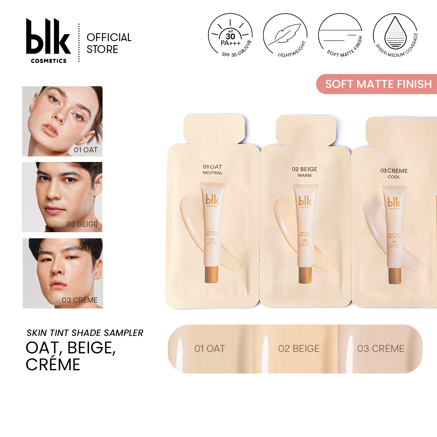 Discount on BLK Cosmetics  shoes - SKU: blk cosmetics universal skin tint spf30 shade sampler fair (01 oat, 02 beige, 03 crème)