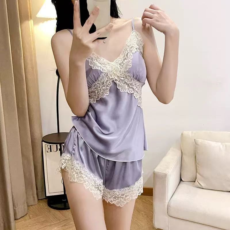 Pajamas Summer Women Thin Style Ice Silk Sexy Lace Suit Summer Pure Desire Style Suspender Shorts Two-Piece Suit with Chest Pad#8825 - Image 3