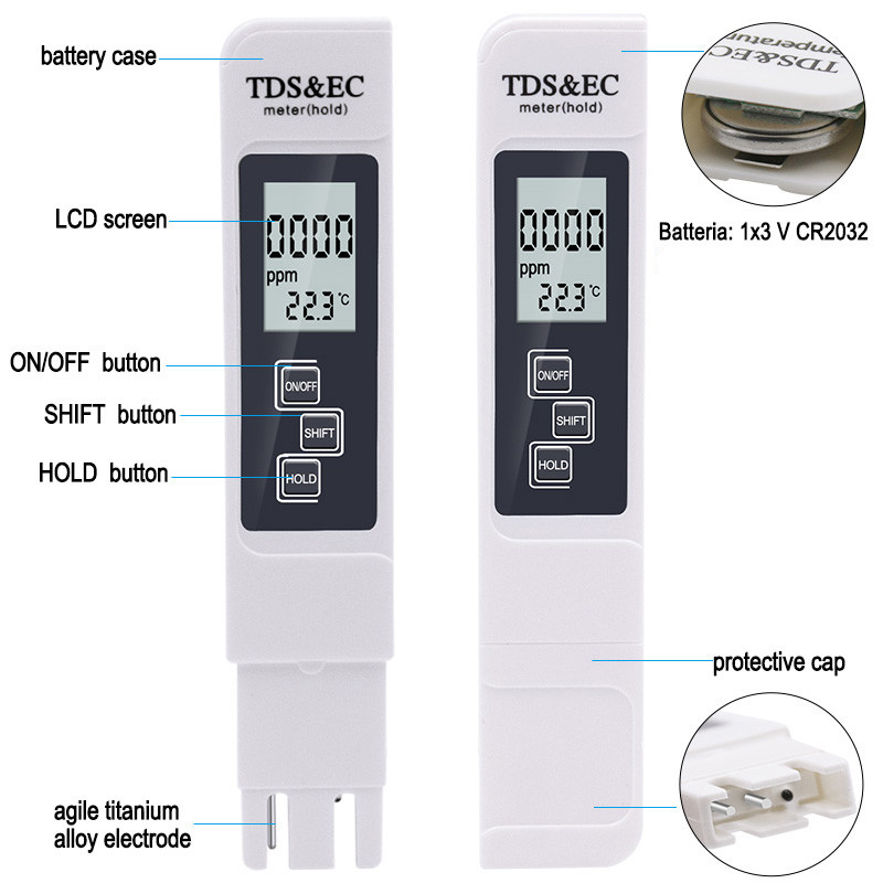 flintronic TDS&EC Testeur de Qualité de l'eau, 3 en 1 Écran LCD