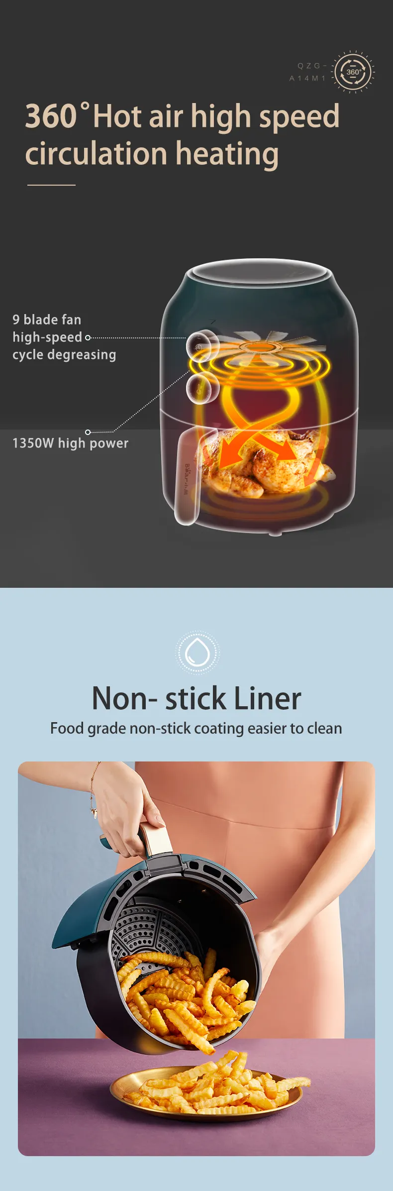 Bear 3.5L Non-stick Air Fryer 1250W Electric Deep Fryers Oil Free Multi-functional Fryer Adjustable Timing Cooker QZG-A14M1 (15)(1)