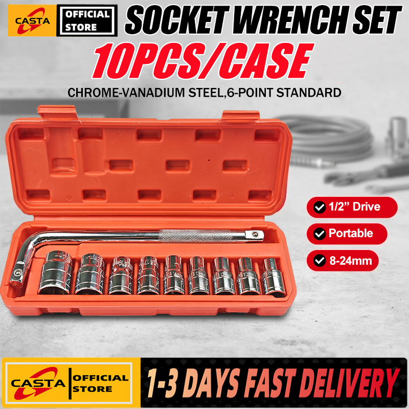 10 Pcs Socket Wrench Kit Set 1/2" Drive Metric for Auto Repairing and Household, with Storage Case