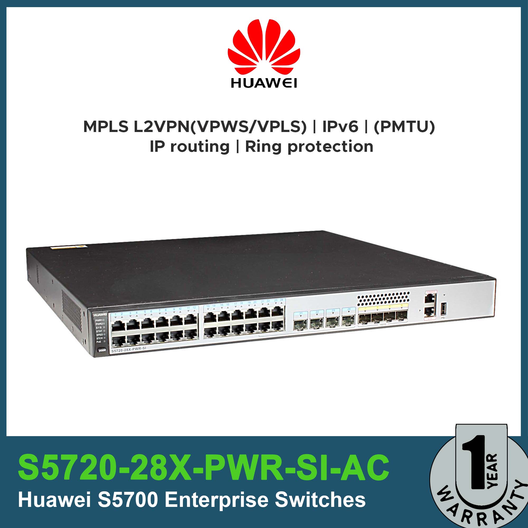 S5720-28X-PWR-SI-AC / Huawei S572 Sw / 24 Ethernet 10/100/1000 PoE+ ports,4 of which are dual-purpose, SFP+ with 500W AC power / 4 × 10 Gig SFP+ Memory (RAM) 512 MB / Switching Capacity 336 Gbit/s / Forwarding Performance 96 Mpps